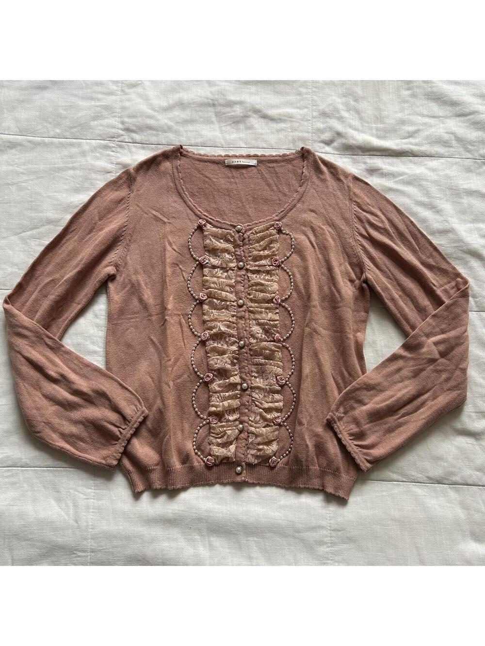 Axes Femme Mauve Pink Lace Ruffle Rosette Pearl Cardigan Size M Japan